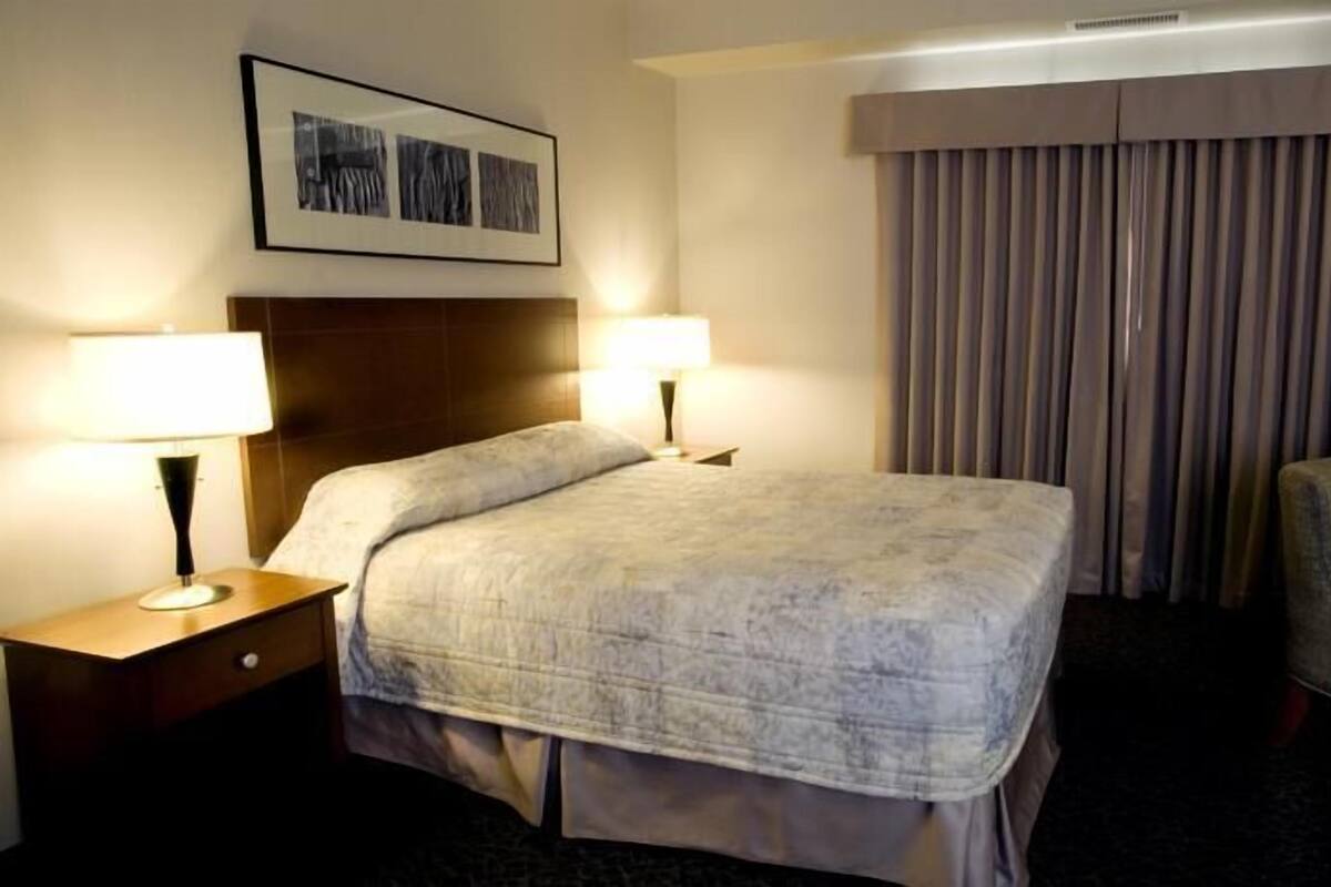 Habitación de hotel con cama, dos lámparas de noche, una silla, un ventanal con cortinas y un cuadro en la pared.