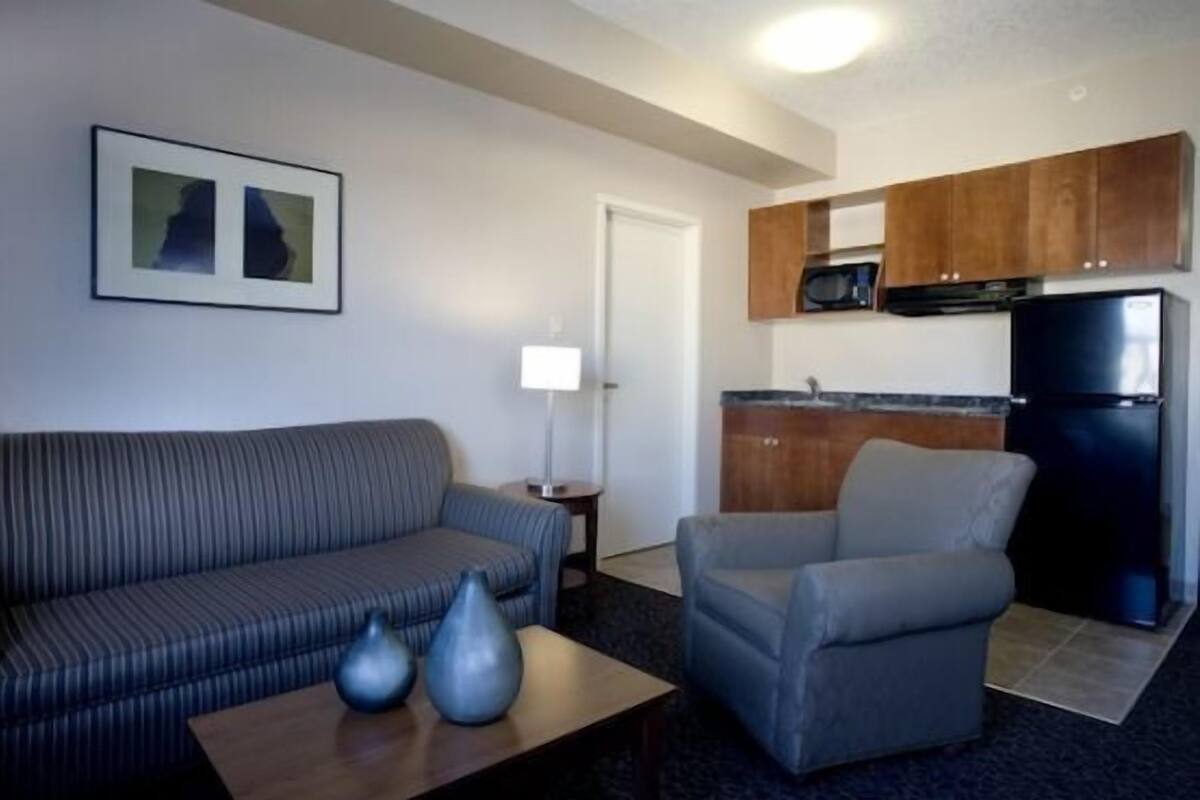 Un espacio habitable compacto con un sofá, un sillón y una pequeña mesa con jarrones. Se observan un microondas y un refrigerador en la zona de la cocina.