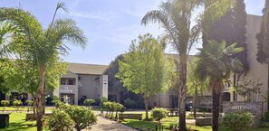A building with a reception area, a sign for 'International', and a well-maintained garden with palm trees and shrubs. - Birchwood Hotel and OR Tambo Conference Centre (Boksburg)