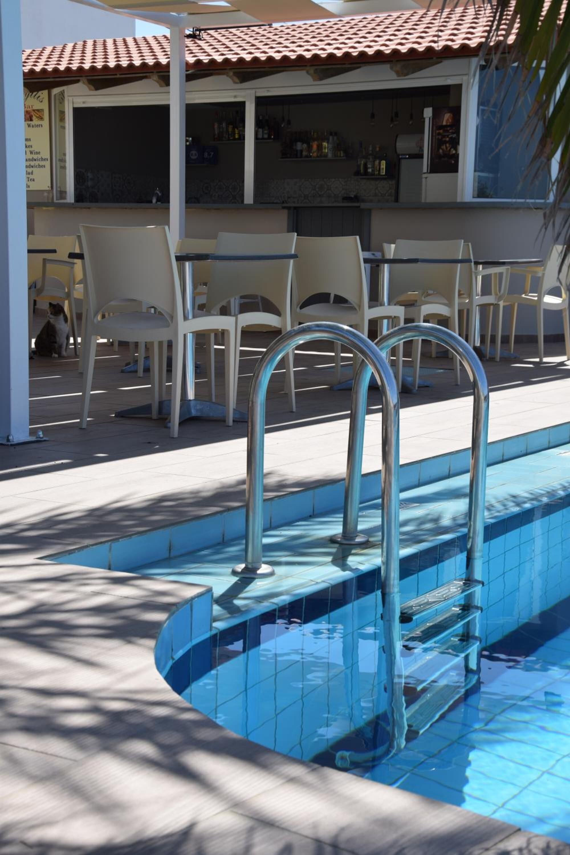 A swimming pool with metal ladders, white plastic chairs, and a bar area with a tiled roof.