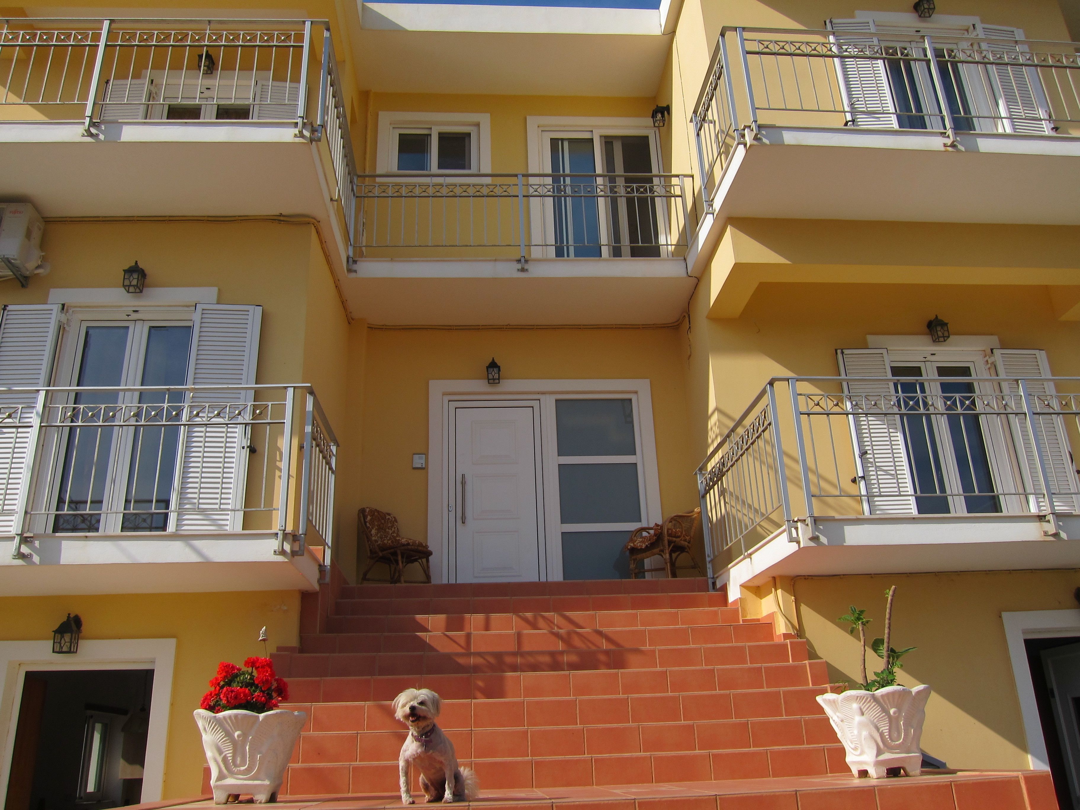 Un edificio de varios pisos con balcones, una puerta central y escalones que conducen a la entrada.