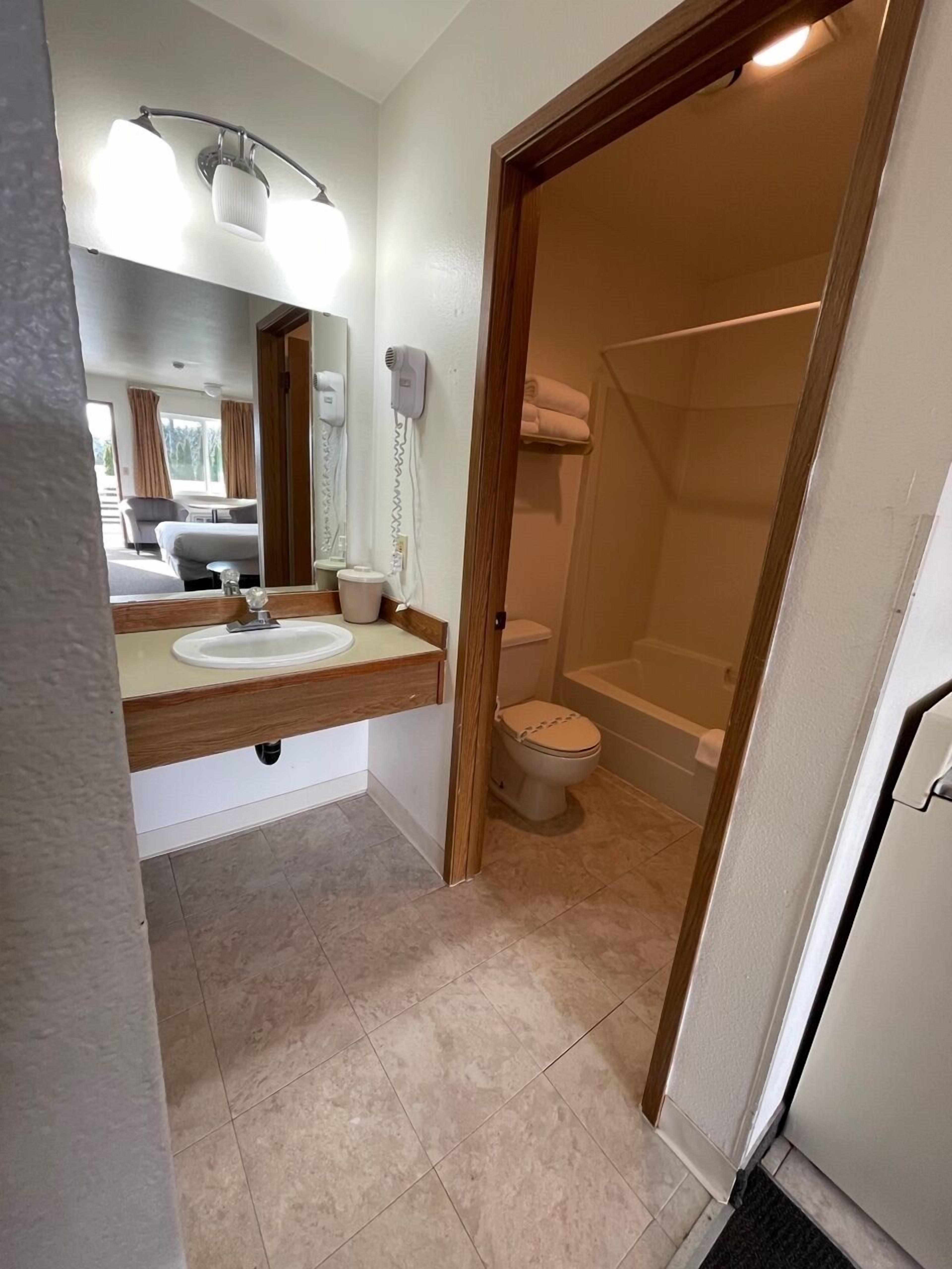 A bathroom with a sink, mirror, hairdryer, and toilet.