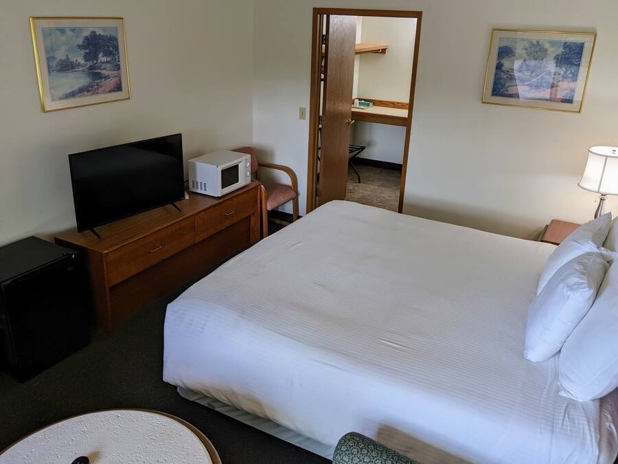 A hotel room with a bed, a television, a microwave, a desk, a chair, a lamp, and two framed pictures on the walls.