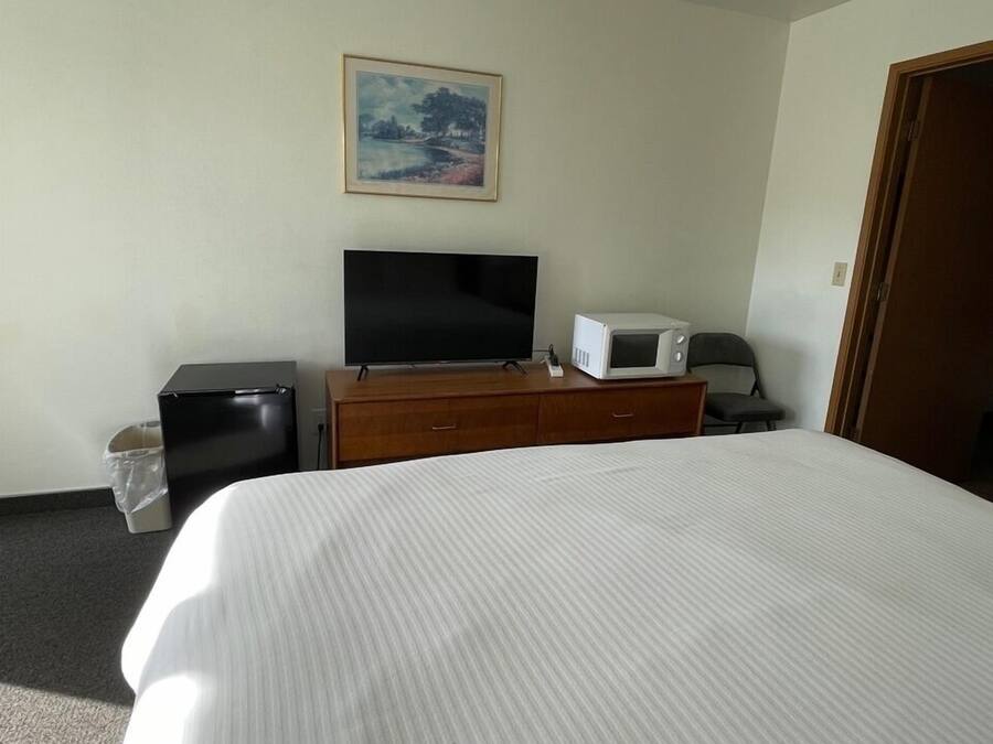 Habitación de hotel con una cama grande, televisión de pantalla plana, microondas y un pequeño escritorio.