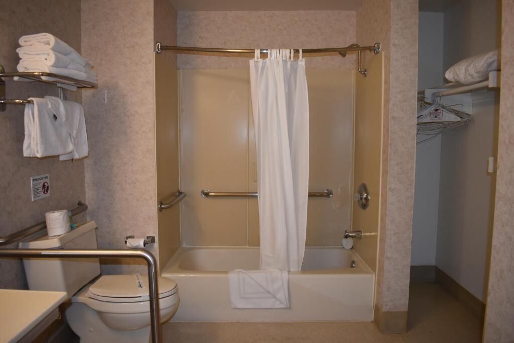 A bathroom with a bathtub, toilet, and a shower curtain.
