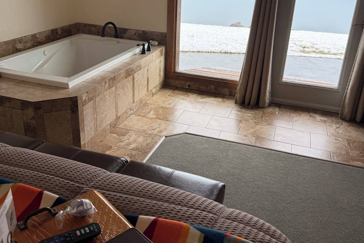 A bathroom with a bathtub, a shower, and a large window offering a view of a lake.