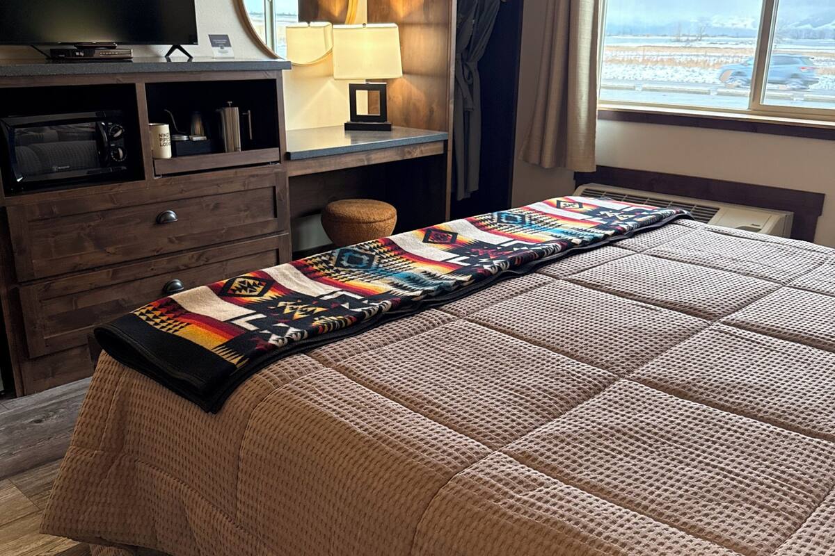 A hotel room with a large bed, a television, a desk with a lamp, and a window with a view of the outdoors.