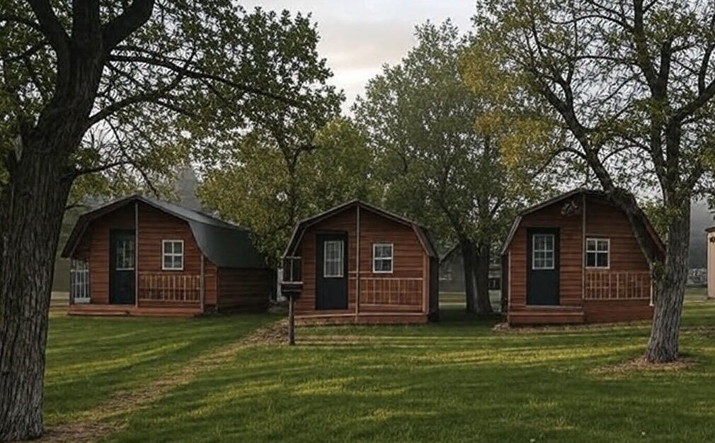 Three wooden cabins with a simple design, each featuring a front door and windows, surrounded by trees and grass.