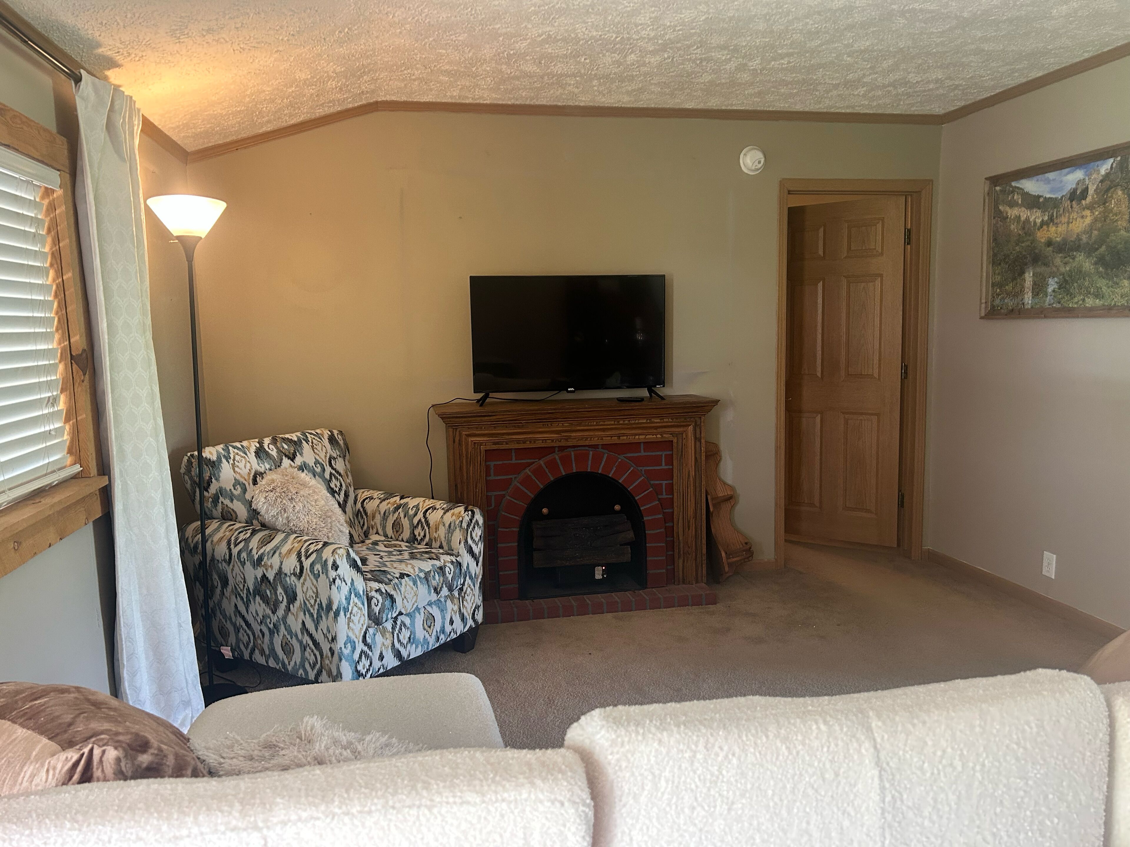 A living room with a patterned armchair, a fireplace, a television, and a door.