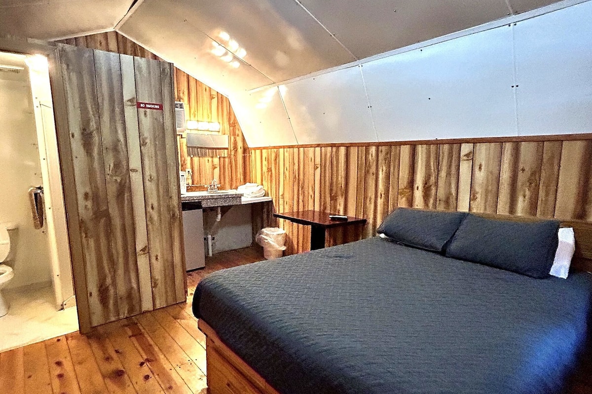 A compact cabin with a wooden interior, a bed, a small kitchenette, and a bathroom.