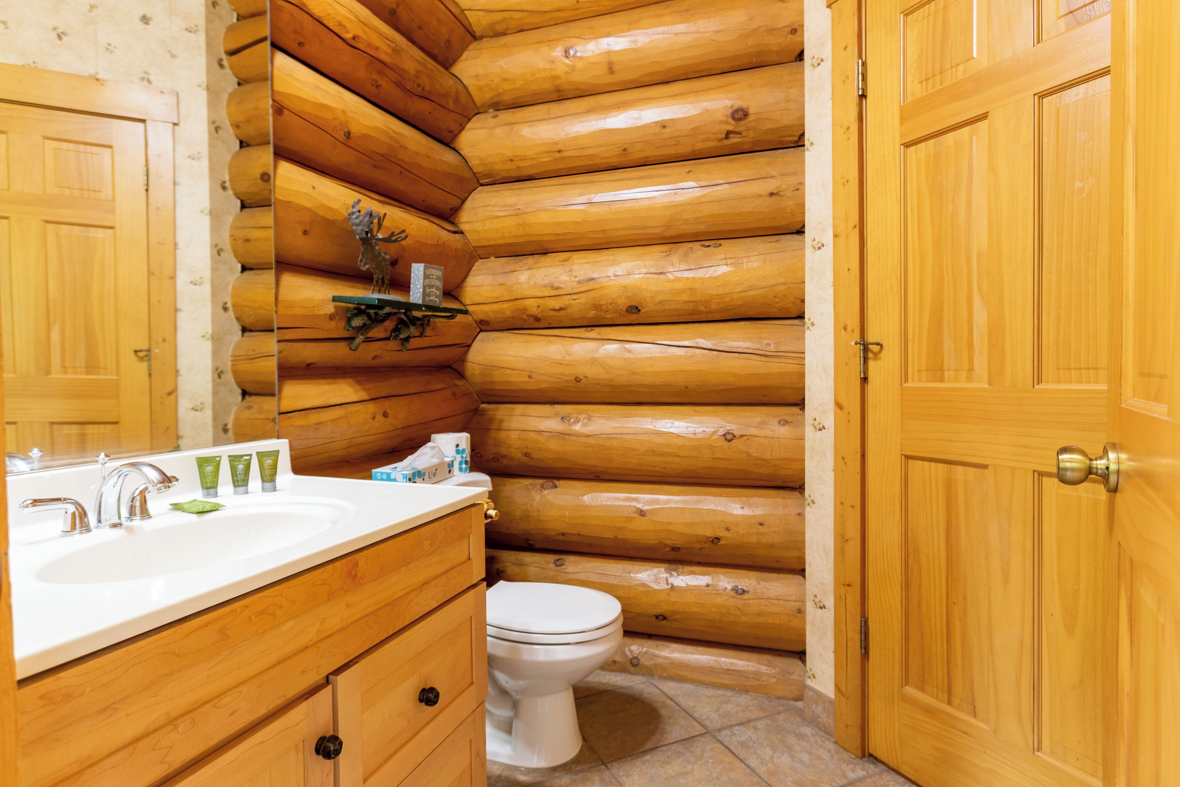 A log cabin bathroom with a wooden wall, a white sink, a toilet, and a door.