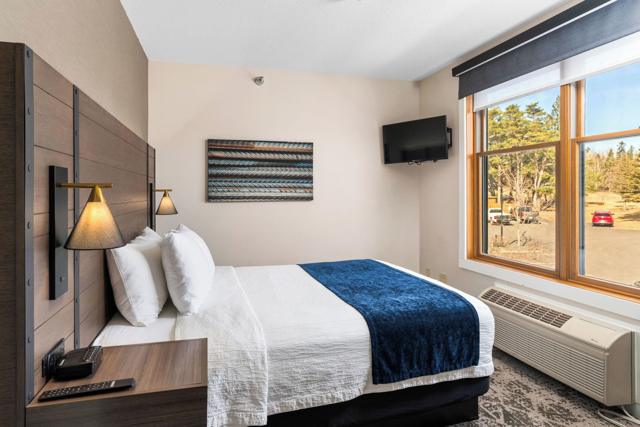 A hotel room with a bed, bedside lamps, a flat-screen TV, a window with a view of trees, and a wall-mounted artwork.