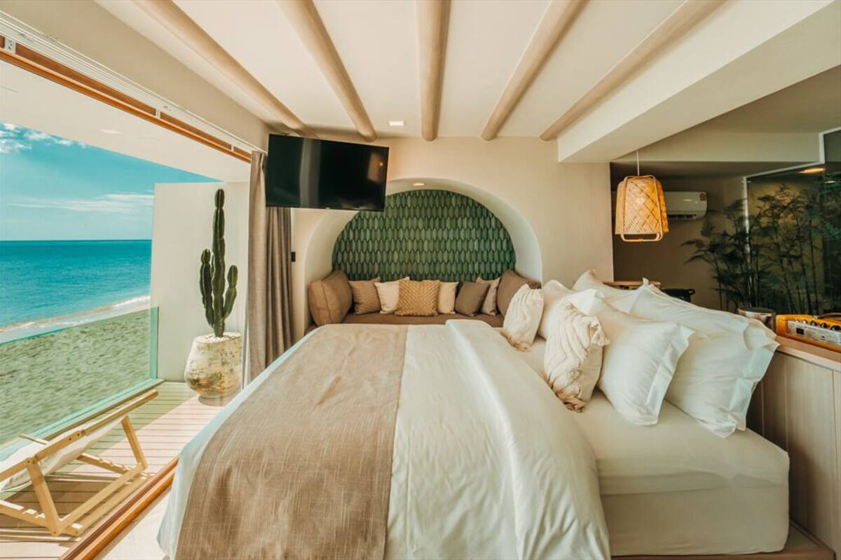 A bedroom with a large bed, a television, a view of the ocean, and a cactus plant.