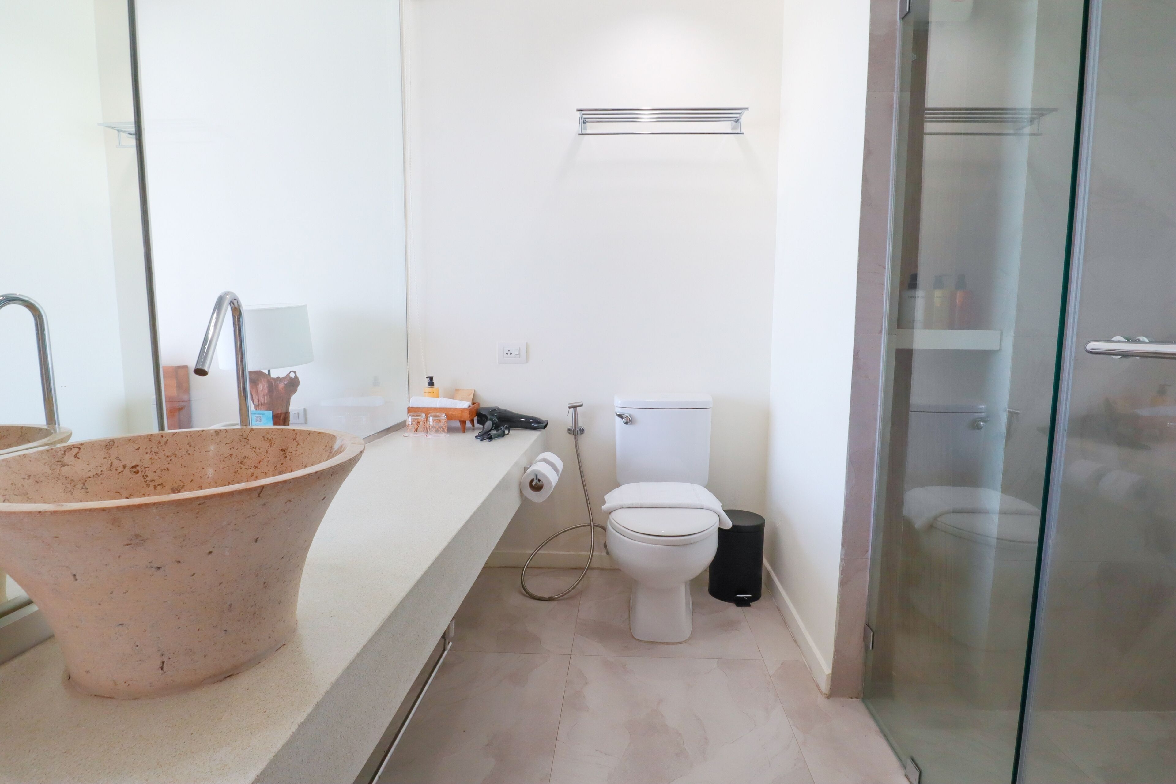 shower, rainfall showerhead, designer toiletries, hair dryer