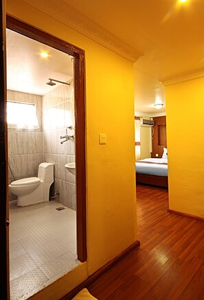 A narrow hallway with a bathroom on the left and a bedroom on the right. - Hotel Bubo Himalaya (Kathmandu)