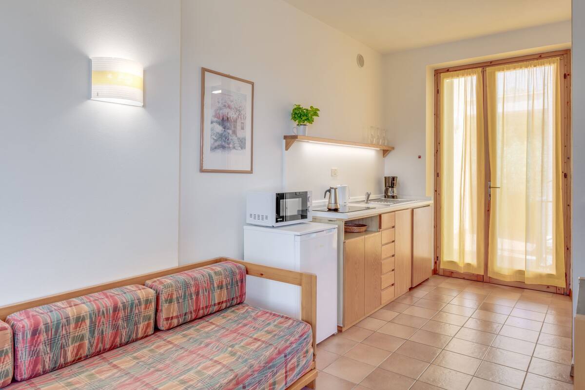 A compact living space with a kitchenette, a sofa with patterned cushions, a framed picture on the wall, and a sliding glass door leading to an outdoor area.