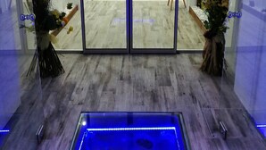 Un espace d’accueil doté d’une porte en verre, d’un comptoir de réception et d’une petite fontaine intérieure.
