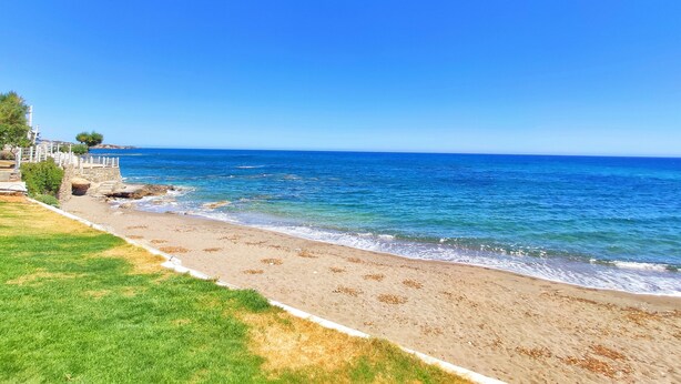 Une plage avec une eau d’un bleu limpide, un mur de pierres et une zone herbeuse.