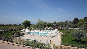 Outdoor pool, pool umbrellas, pool loungers