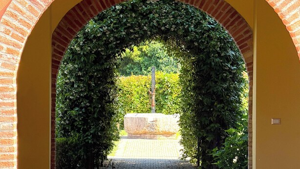An arched brick structure with a green vine-covered archway leading to a paved area. - Residence Borgo Mondragon (Lazise)