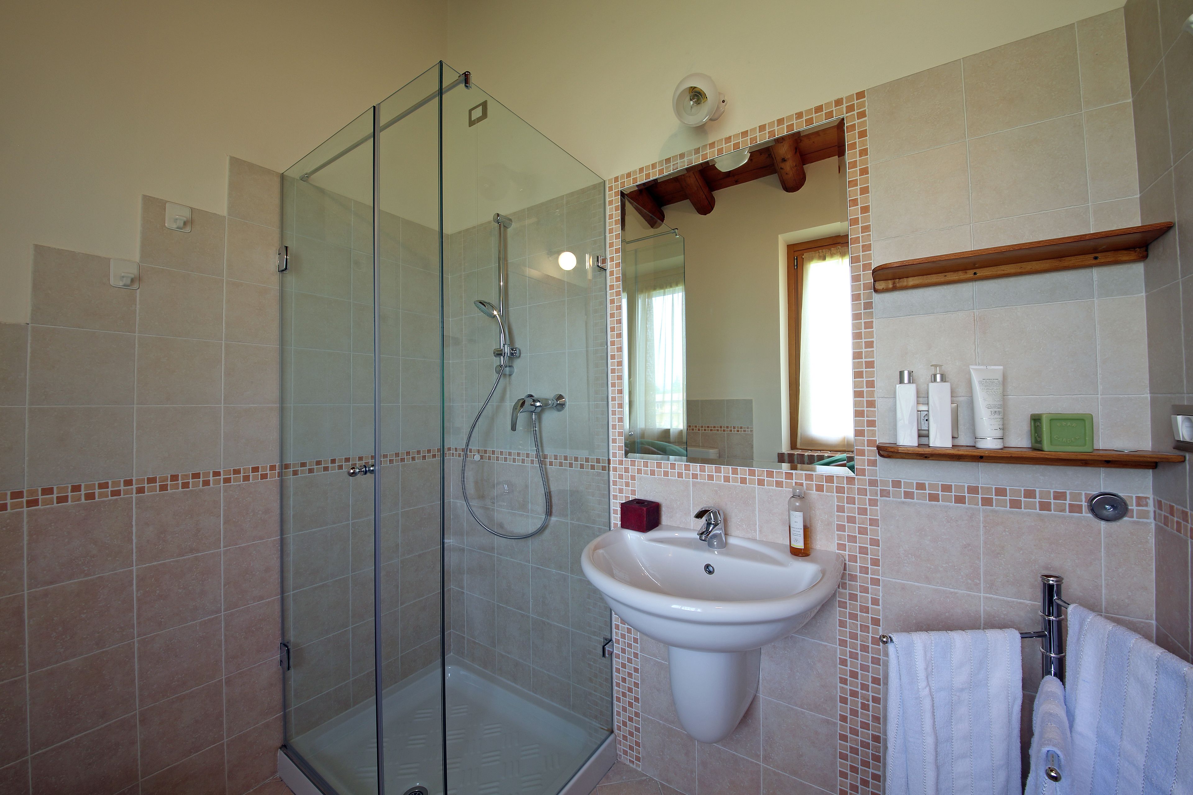 A bathroom with a glass shower enclosure, a sink, and a mirror above it.