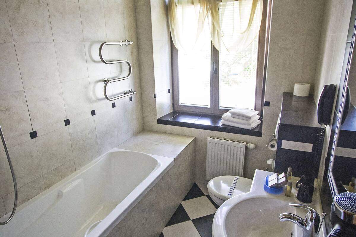 bathroom | hair dryer, towels