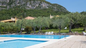 Outdoor pool, pool umbrellas, pool loungers