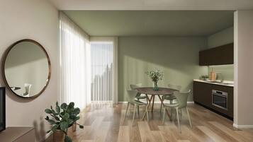 Fridge, stovetop, electric kettle, toaster