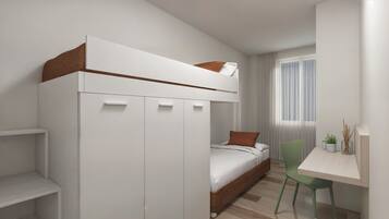 Een bureau, gratis wifi, beddengoed