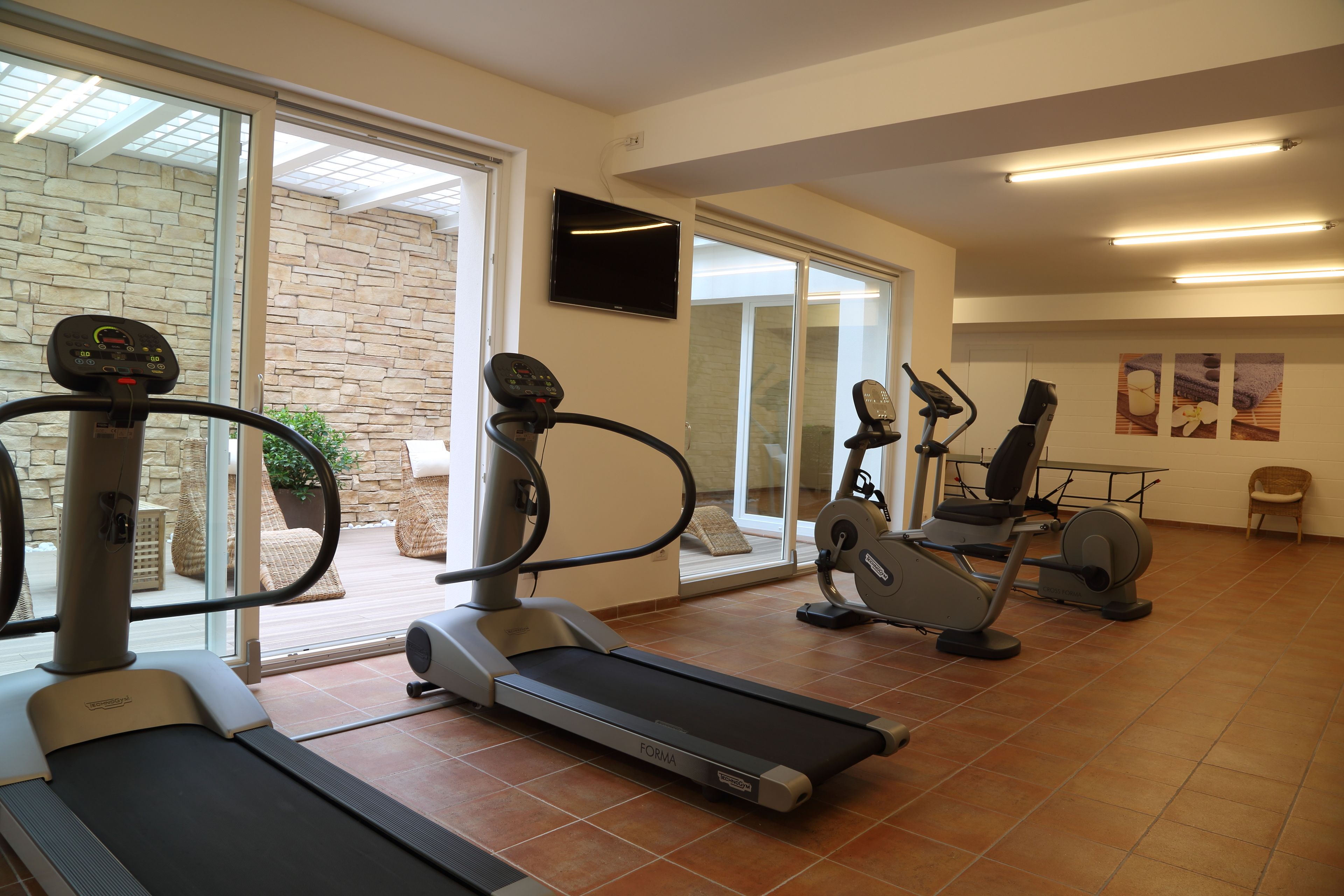 Ein Fitnessraum mit Laufbändern, Crosstrainern und einem Ergometer. An der Wand ist ein Fernseher angebracht und das Fenster bietet einen Blick nach draußen.
