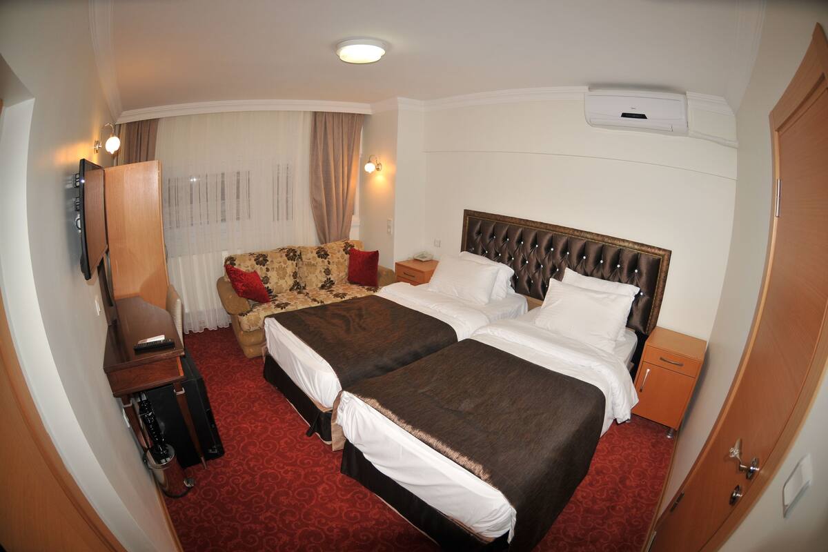 A hotel room with two beds, a sofa, a TV, a desk, and a wardrobe.