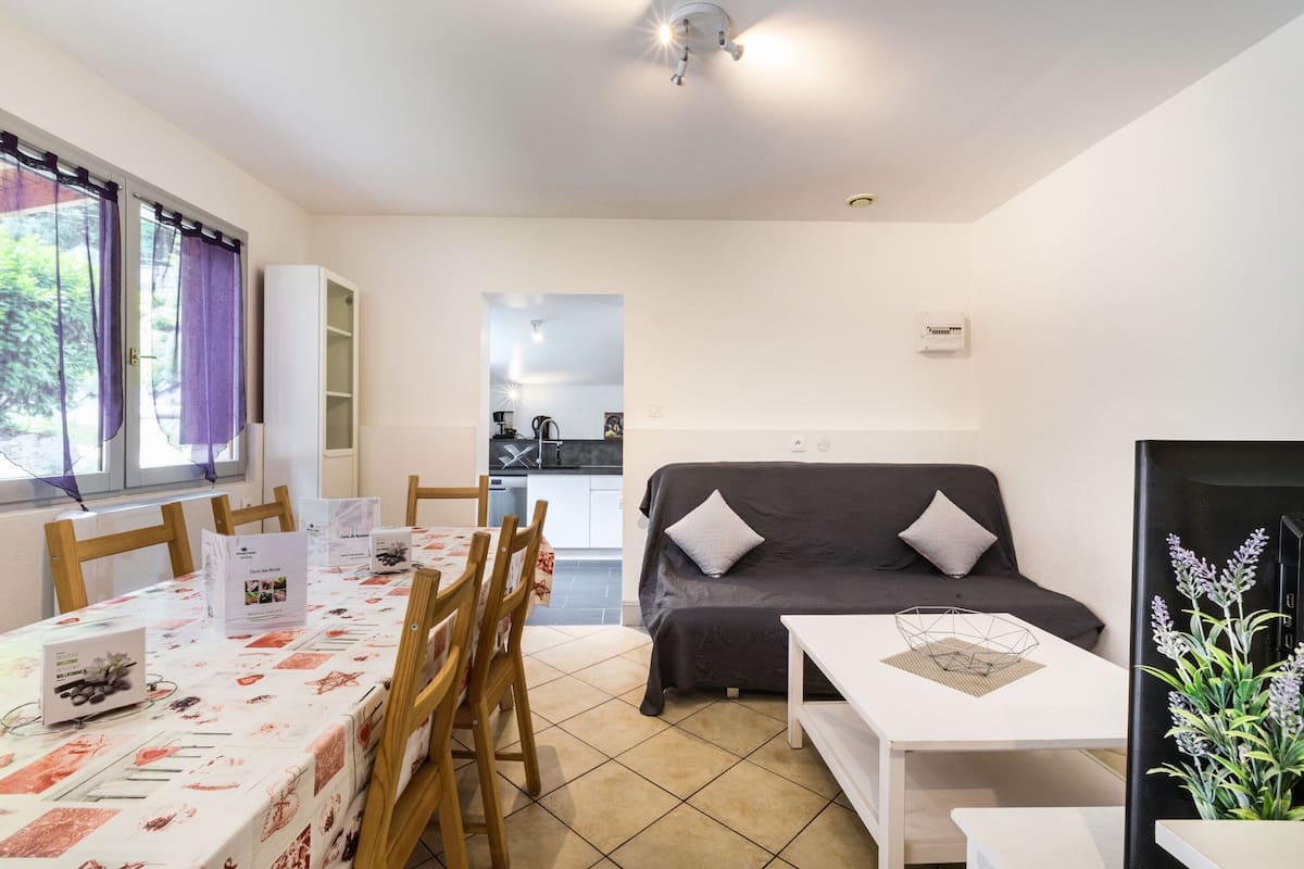 Un espacio habitable compacto con comedor, kitchenette y sofá.