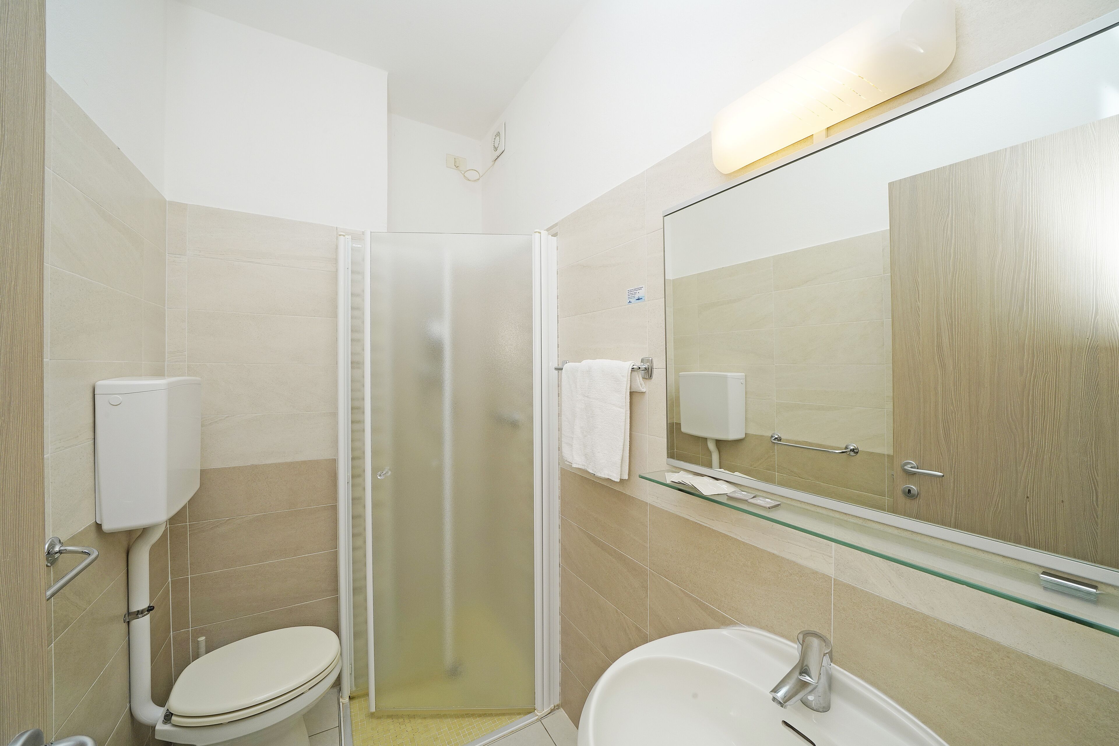 A modern bathroom with a glass shower enclosure, a toilet, and a sink with a mirror above.
