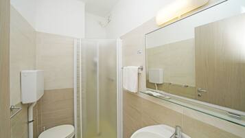 A modern bathroom with a glass shower enclosure, a toilet, and a sink with a mirror above.