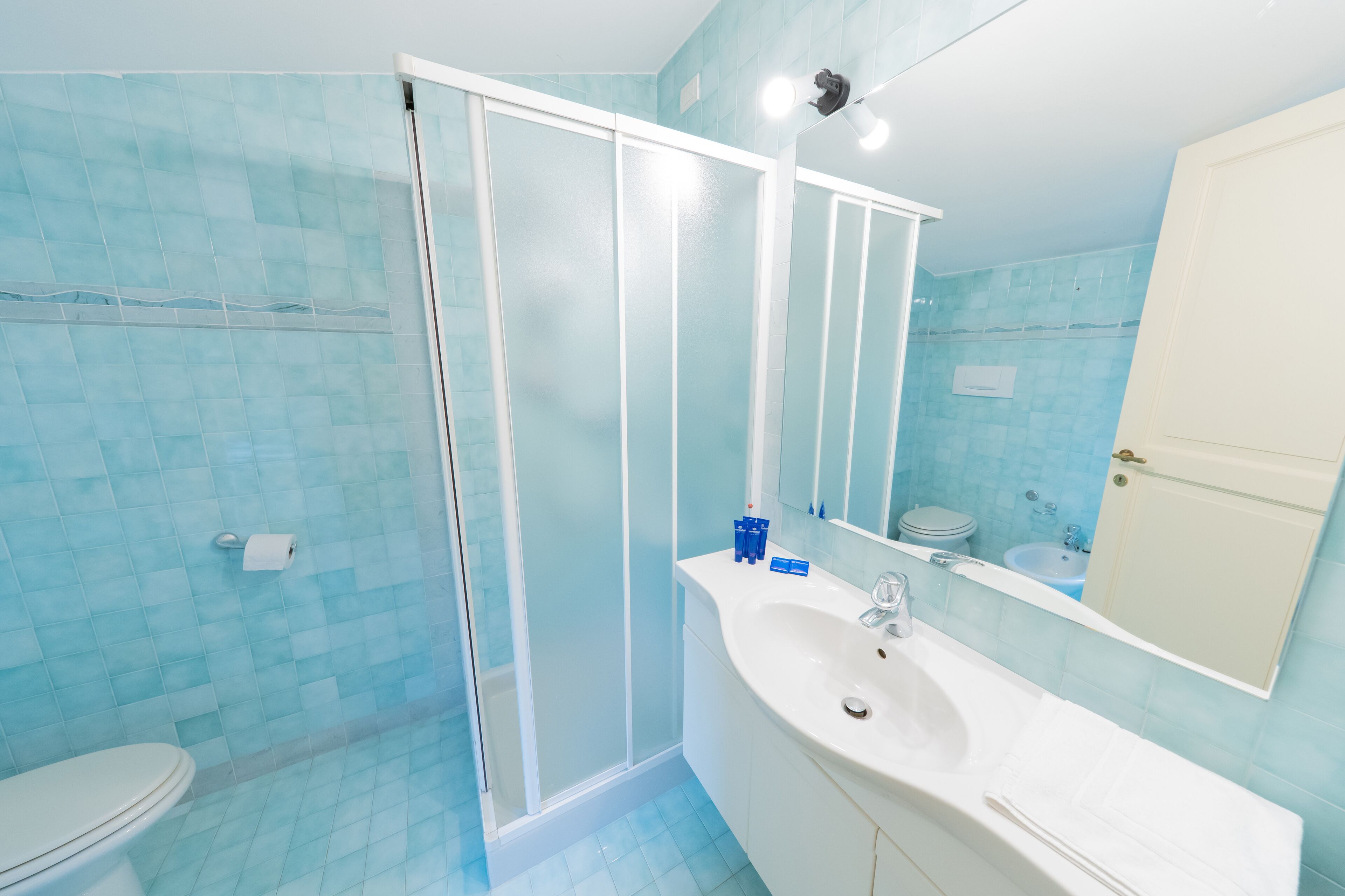 Une salle de bain avec une douche à parois de verre, un lavabo blanc et un miroir au-dessus du lavabo.