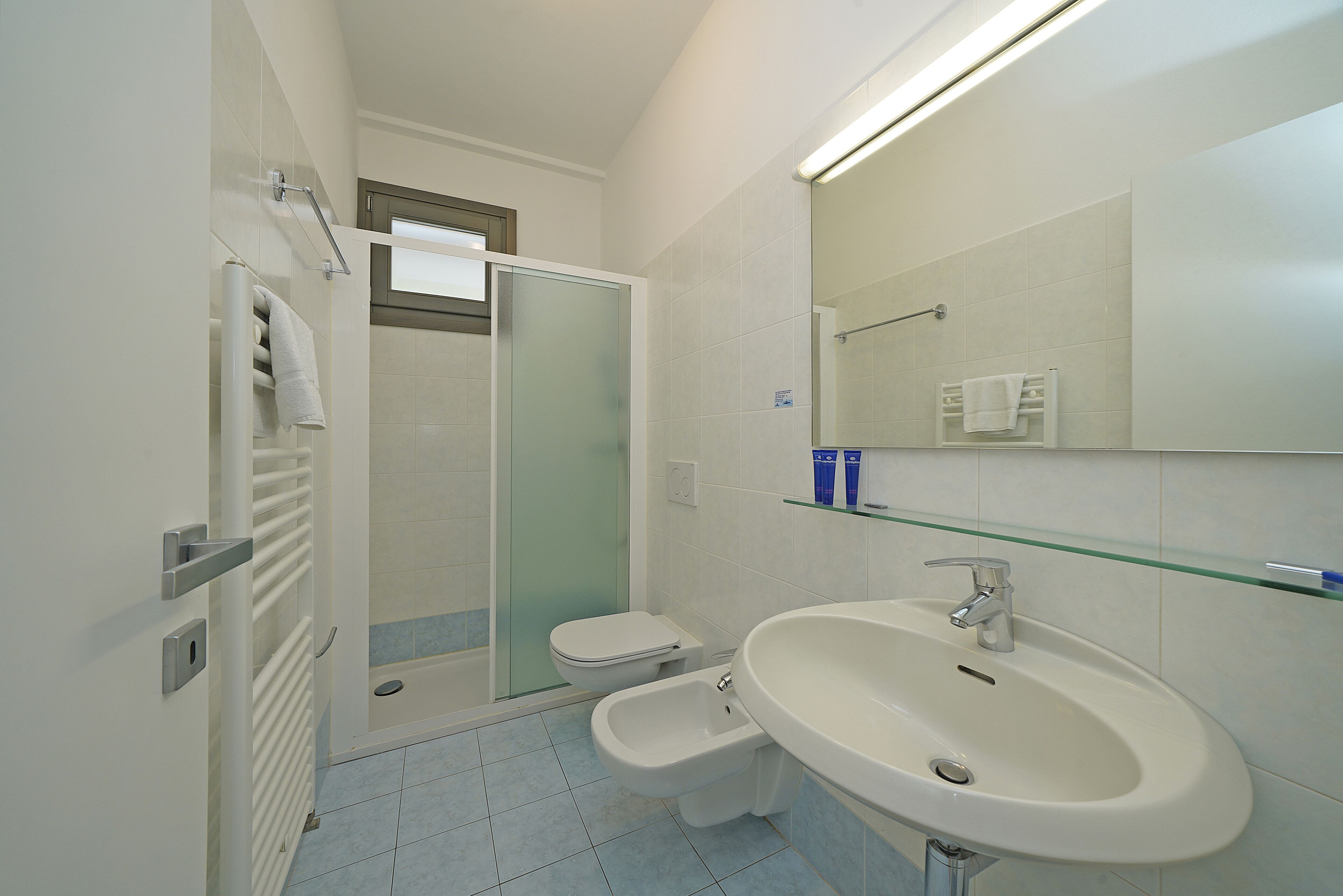 A modern bathroom with a glass shower enclosure, a toilet, a bidet, and a sink with a mirror above.