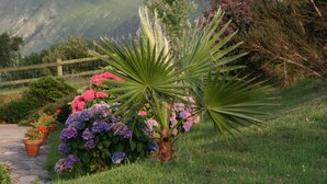 A garden with a pathway, potted plants, and a mountain backdrop. - Paraje del Asturcón Adults Only (Ribadesella)