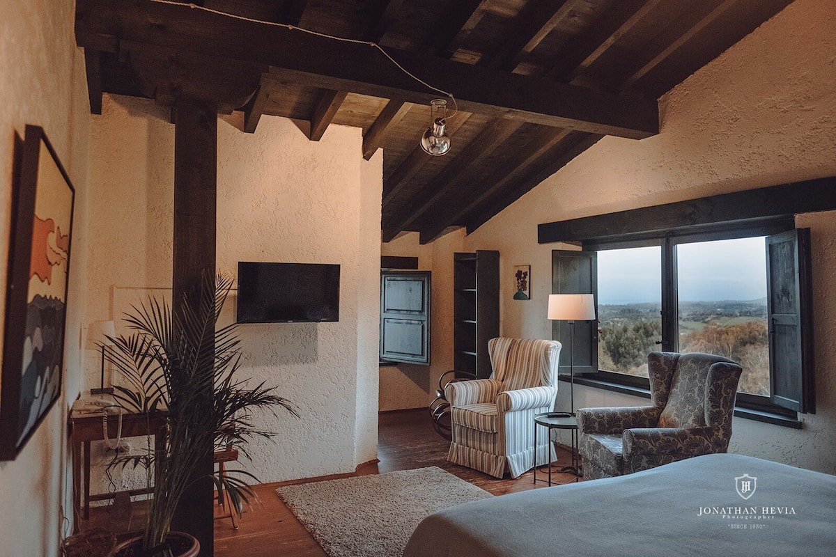 A spacious room with a high ceiling, a large window offering a scenic view, a television mounted on the wall, and a comfortable seating area with a patterned armchair and a sofa.