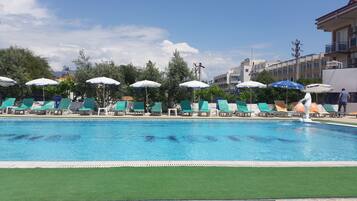 Outdoor pool, pool umbrellas, pool loungers