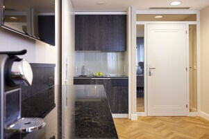 Full-sized fridge, coffee/tea maker, electric kettle, toaster