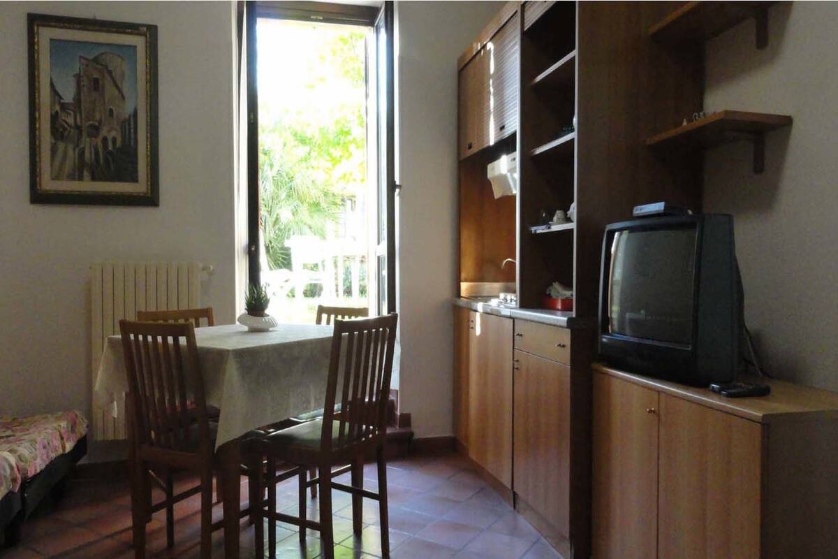 A compact living space with a dining area, a kitchen with wooden cabinets, and a television.