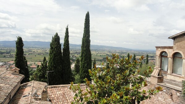 A view of a rural landscape with tall cypress trees and a distant village. - La Terrazza di spello (Spello)