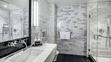 Shower, rainfall showerhead, designer toiletries, hair dryer