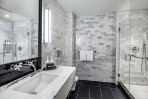Shower, rainfall showerhead, designer toiletries, hair dryer - The Press Hotel, Marriott Autograph Collection (Portland)