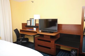 Desk, laptop workspace, blackout curtains, iron/ironing board