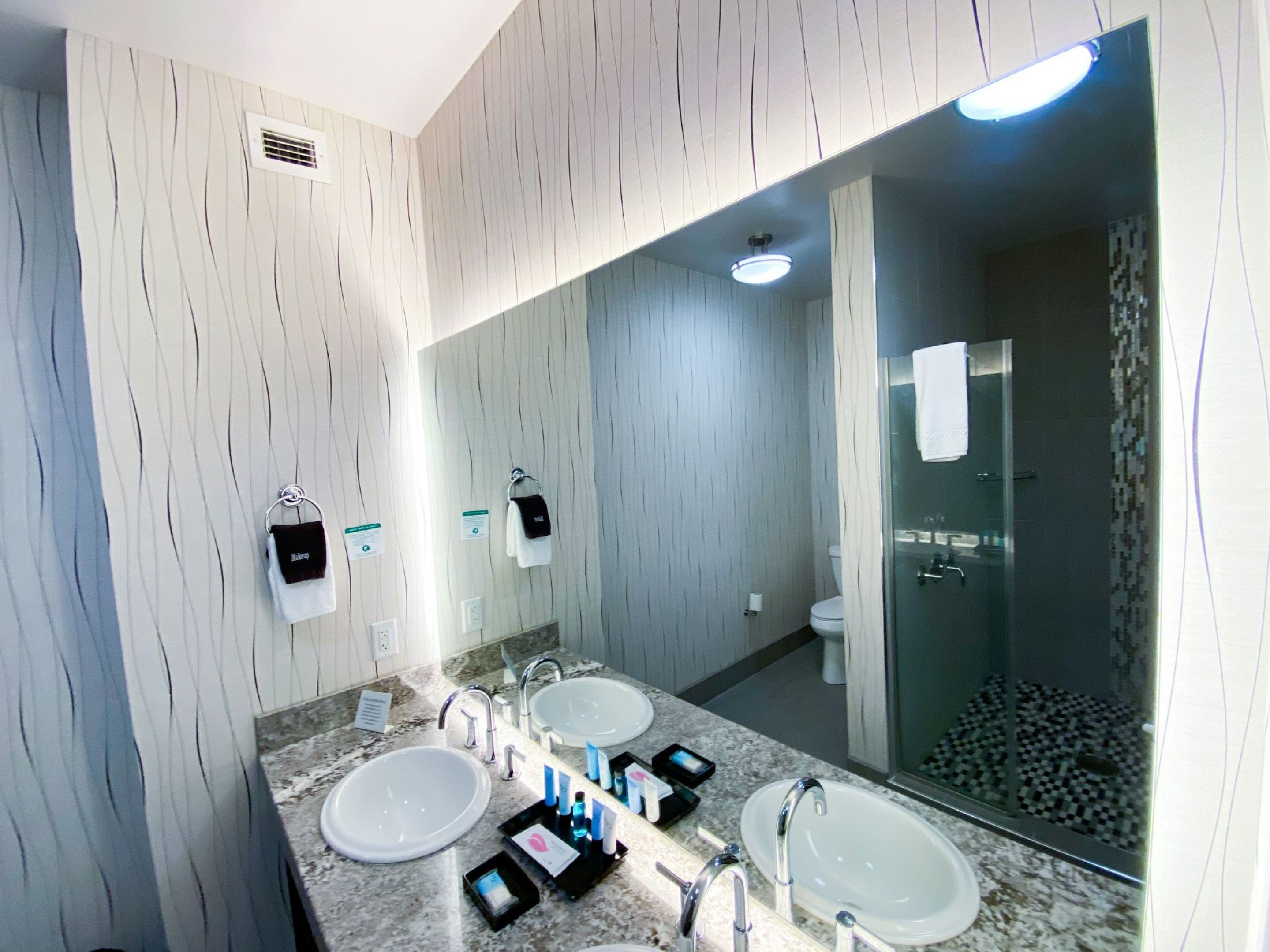 shower, hydromassage showerhead, designer toiletries, hair dryer