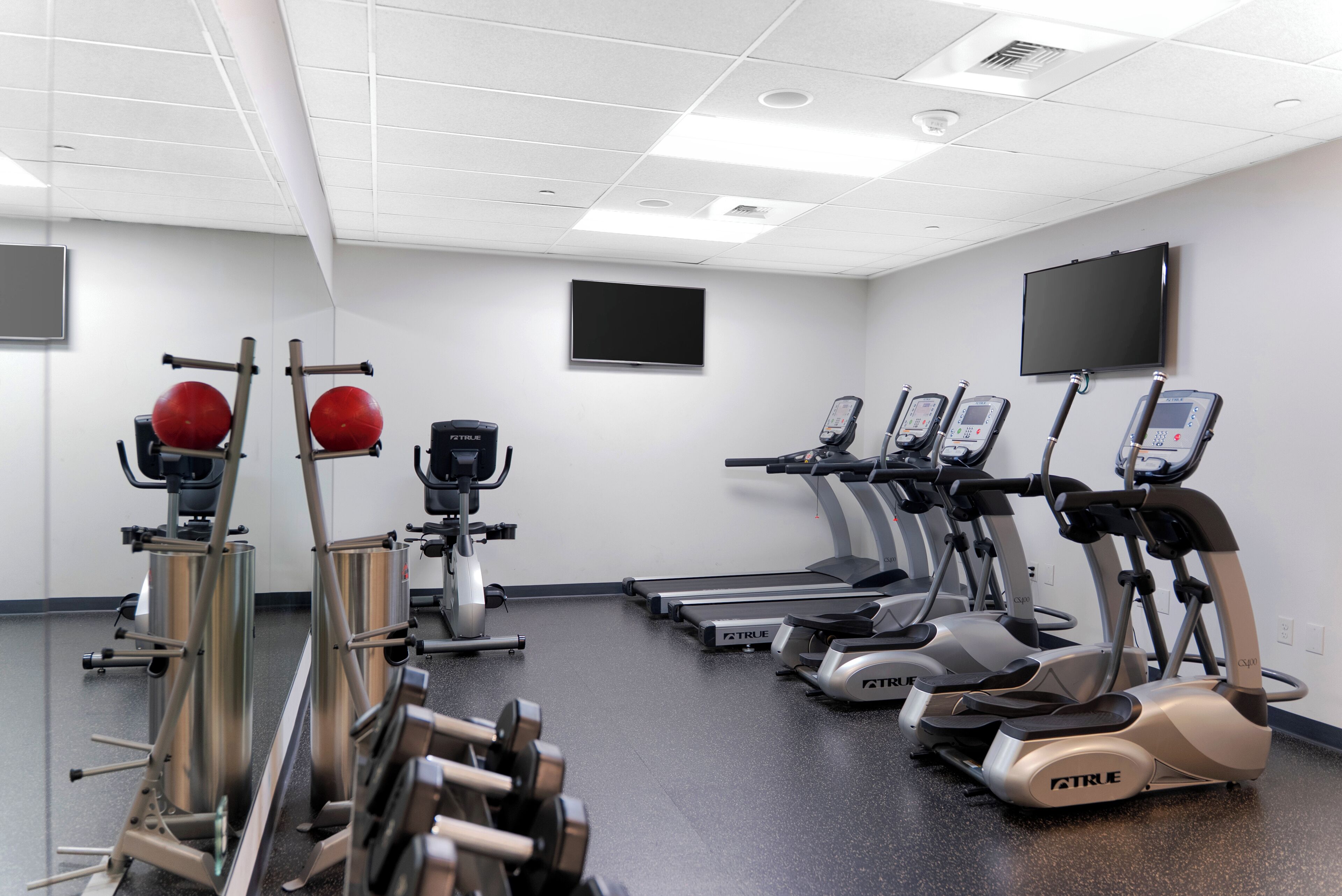 A gym with treadmills, elliptical machines, and free weights.