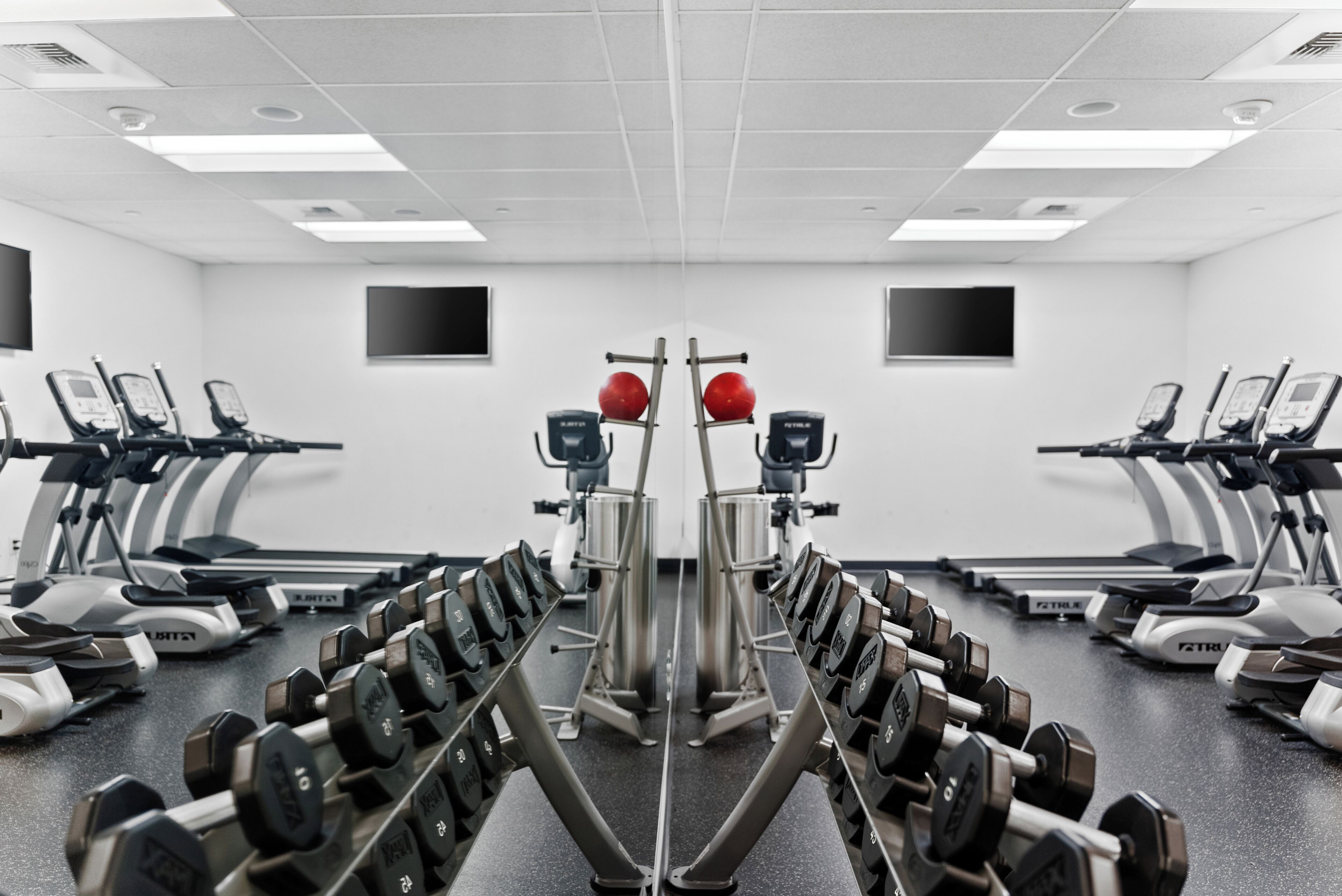 Un gimnasio con cintas de correr, elípticas y un estante con mancuernas.