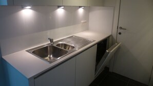 A compact kitchen with two stainless steel sinks, a dishwasher, and a door. - White Princess (Koksijde)