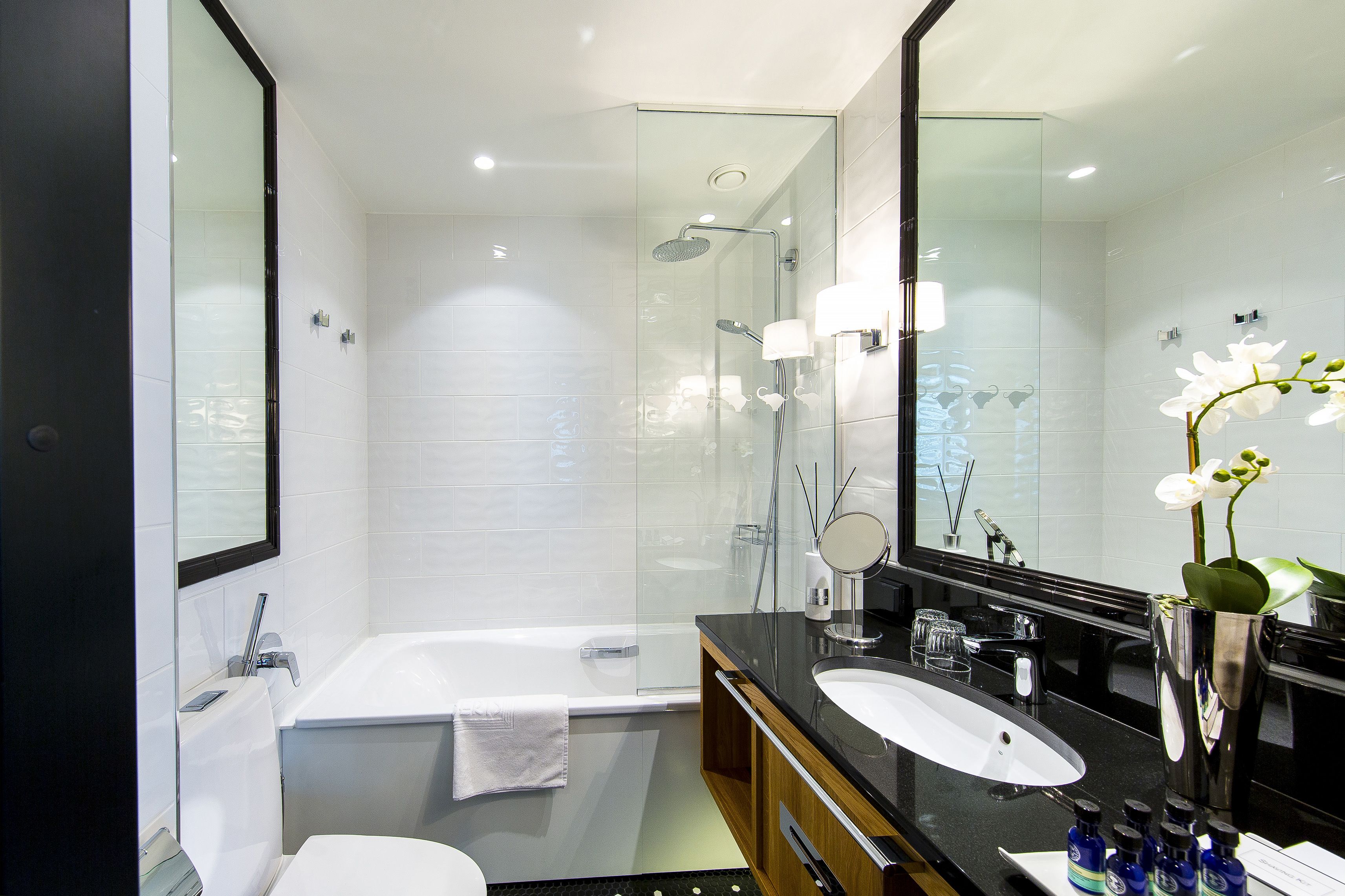 shower, designer toiletries, hair dryer, bathrobes